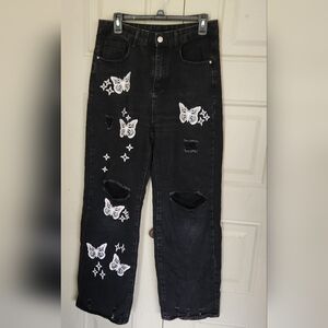 SHEIN Black Straight Leg Distressed Jeans with Playful Butterfly Designs Size L